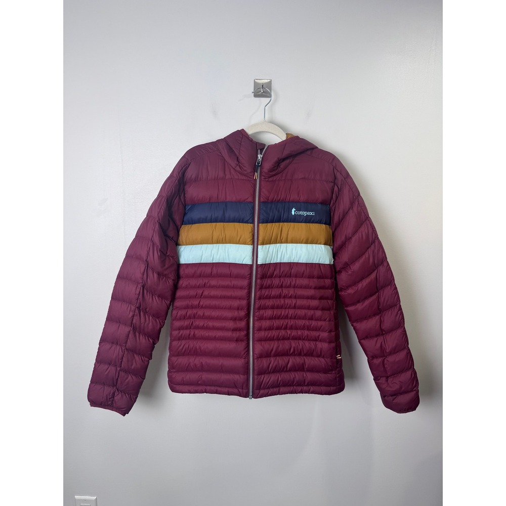 Cotopaxi Women Maroon Fuego Hooded Down Puffer Jacket Retro Stripe Large